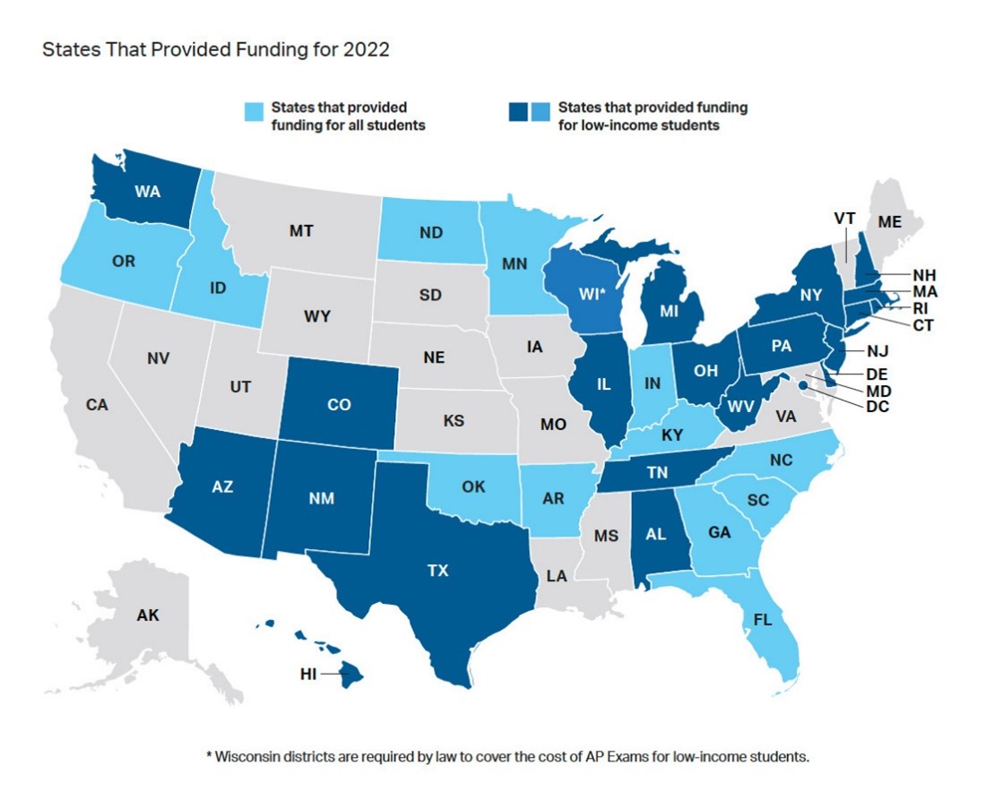 Map showing states that provided funding for AP in 2022